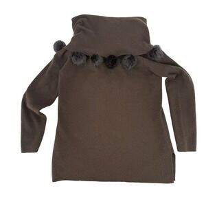 Pursuits Ltd 80s LRG Brown 100% Merino Wool Cowl Neck Rabbit Fur Pompom Sweater